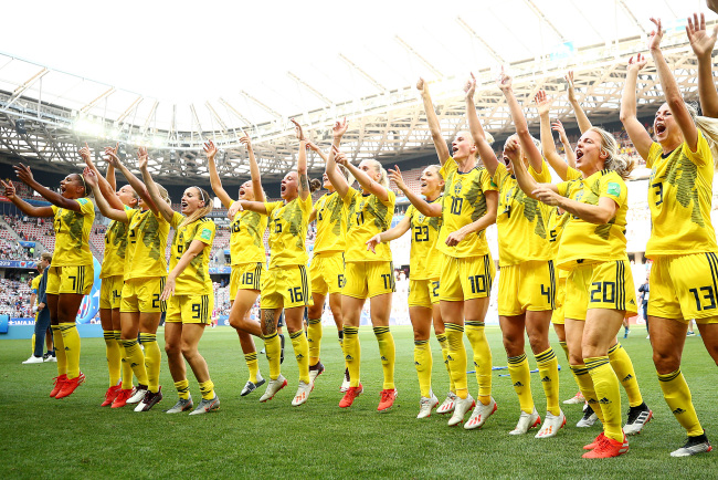 Sweden celebrates after winning the 2019 FIFA Women's World Cup France 3rd Place Match match between England and Sweden at Stade de Nice on July 06, 2019 in Nice, France. [Photo: VCG]