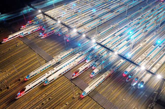 Aerial view of China Railway High-speed bullet trains in full preparation for the Spring Festival travel rush at a maintenance station in Nanjing, Jiangsu Province, January 21, 2019. [Photo: IC]