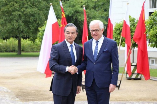 Chinese State Councilor and Foreign Minister Wang Yi (L) shakes hands with Polish Foreign Minister Jacek Czaputowicz in Warsaw, Poland, on July 8, 2019. [Photo: mfa.gov.cn]
