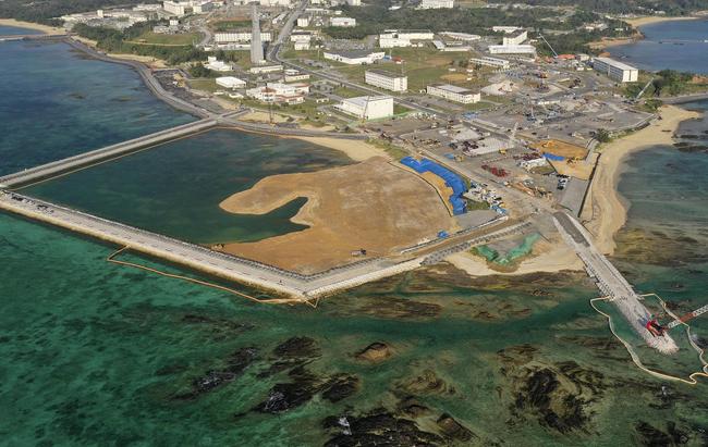 Drone photo taken Feb. 14, 2019, shows landfill work being undertaken by the Japanese government in the Henoko coastal area of Nago in Okinawa Prefecture for the planned relocation of U.S. Marine Corps Air Station Futenma. [Photo: VCG/Kyodo News via Getty Images]