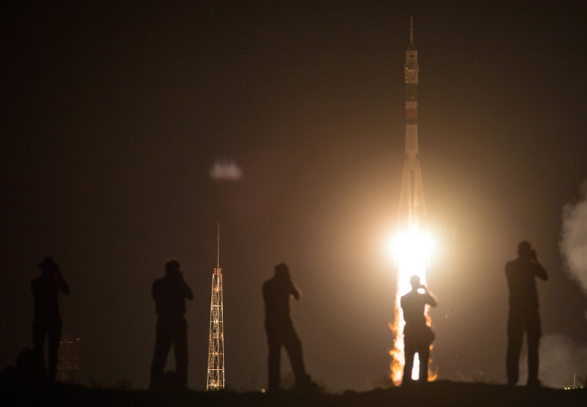 The Soyuz MS-13 rocket is launched with Expedition 60 Soyuz Commander Alexander Skvortsov of Roscosmos, flight engineer Drew Morgan of NASA, and flight engineer Luca Parmitano of ESA (European Space Agency), on July 20, 2019, at the Baikonur Cosmodrome in Kazakhstan. [Photo: IC]