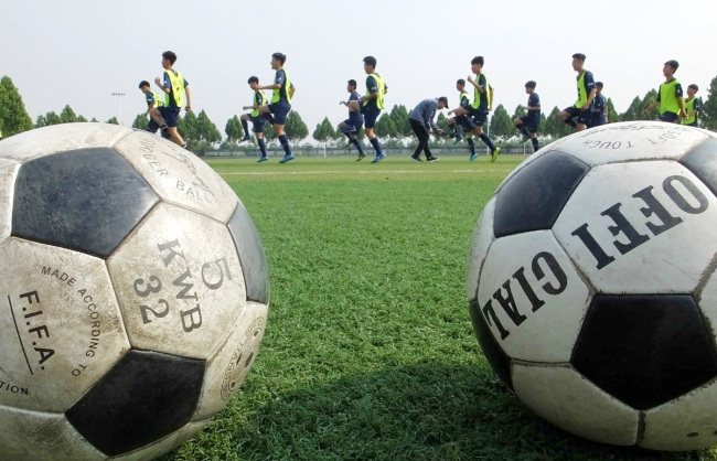 Two footballs are placed on a football pitch. [File Photo: IC]