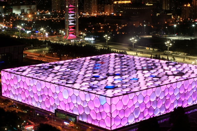 Night view of the National Aquatic Center or "Water Cube". [File photo: VCG]