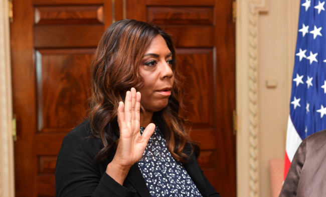 Kiron Skinner is sworn-in as Director of Policy Planning, at the Department of State, September 4, 2018. [File Photo: IC]