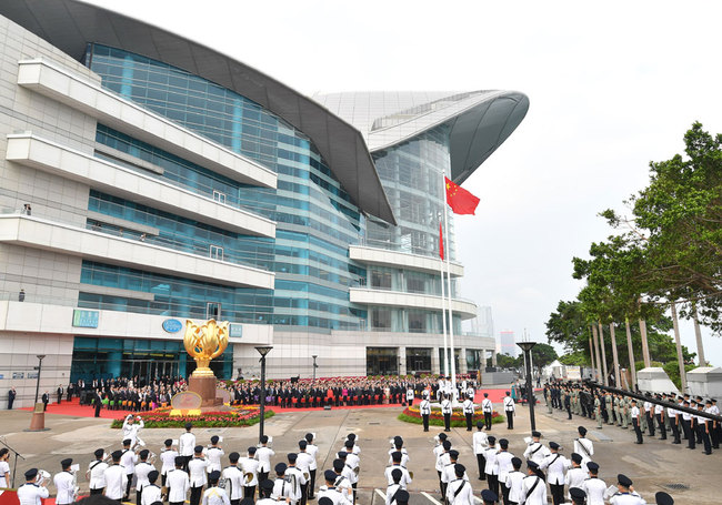 A flag-raising ceremony is held at the Golden Bauhinia Square in Hong Kong Special Administrative Region on July 1, 2019. [File Photo: IC]