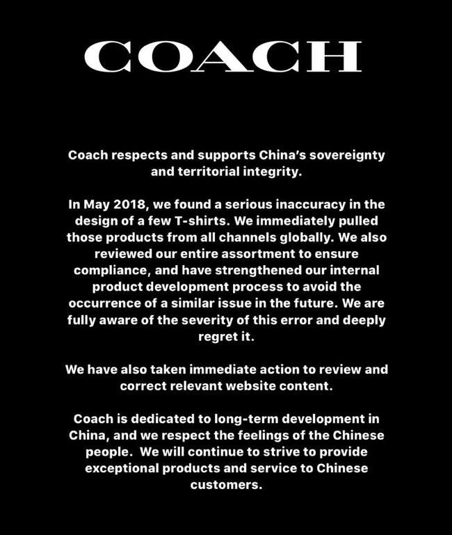 A screenshot shows Coach's statement posted on its official Twitter account on Monday. [Photo: China Plus]