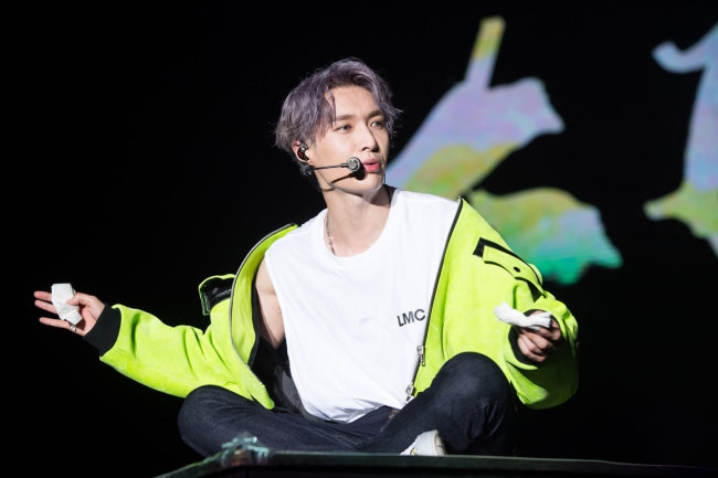 Chinese singer and actor Zhang Yixing, better known as Lay, of South Korean-Chinese boy group EXO, performs during his first solo tour "GRAND LINE" concert in Nanjing city, east China's Jiangsu province, 20 July 2019. [Photo: IC]<br>