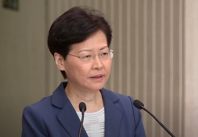 Carrie Lam, chief executive of China's Hong Kong Special Administrative Region (HKSAR), meets the press on Tuesday, Aug. 13, 2019. [Screenshot: CGTN]