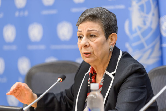 Hanan Ashrawi, a member of the Palestine Liberation Organization (PLO) Executive Committee, is seen during a press briefing at UN Headquarters in New York, on May 16, 2018. [File Photo: IC/ Albin Lohr-Jones]