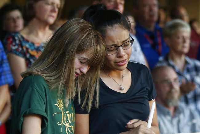 High School students Celeste Lujan, left, and Yasmin Natera mourn their friend Leilah Hernandez, one of the victims of the Saturday shooting in Odessa, at a memorial service Sunday, Sept. 1, 2019, in Odessa, Texas. [Photo: AP]