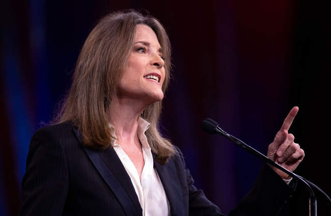 2020 US Democratic Presidential hopeful Marianne US author and writer Marianne Williamson speaks on-stage during the Democratic National Committee's summer meeting in San Francisco, California on August 23, 2019. [Photo: AFP]