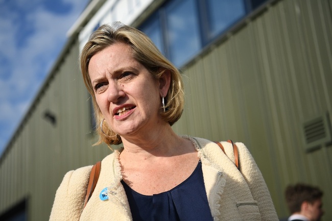 Secretary of State for Work and Pensions Amber Rudd arrives at a Conservative Party leadership campaign hustings at the Kent Showgrounds in Maidstone, Britain, July 11, 2019. [File Photo: EPA via IC/NEIL HALL]