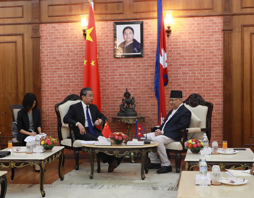 Nepali Prime Minister KP Sharma Oli (R) meets with Chinese State Councilor and Foreign Minister Wang Yi in Kathmandu, Nepal on Monday, September 9, 2019. [Photo: fmprc.gov.cn]