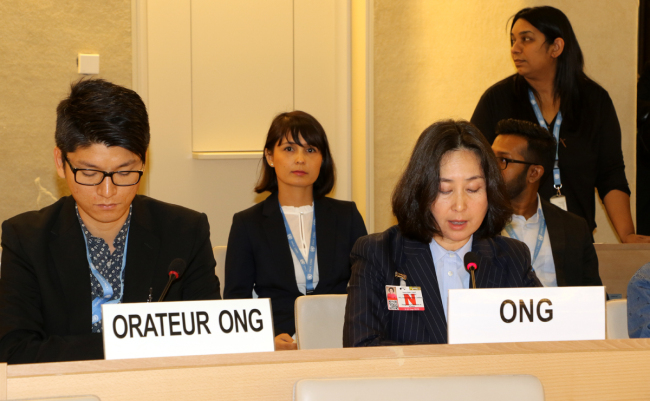 Chairperson of the Hong Kong Federation of Women Pansy Ho Chiu-king (right) addresses the 42nd session of the United Nations Human Rights Council on September 11, 2019. [Photo: China Plus/Yi Xin]