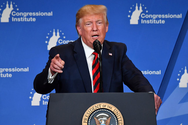 US President Donald Trump delivers remarks during the 2019 House Republican Conference Member Retreat Dinner in Baltimore, Maryland on September 12, 2019. [Photo: AFP/Nicholas Kamm]