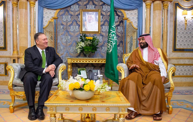 In this handout photo by the Saudi Royal Palace, US Secretary of State Mike Pompeo (L) meets with Saudi Arabia's Crown Prince Mohammed bin Salman in Jeddah on September 18, 2019. [Photo: Saudi Royal Palace/AFP/ Bandar Al-Jaloud]