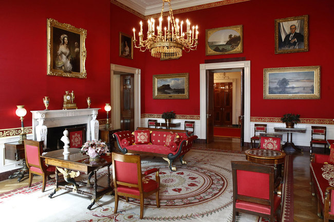 This Sept. 17, 2019, photo shows refreshed wall fabric in the Red Room of the White House in Washington. [Photo: AP]