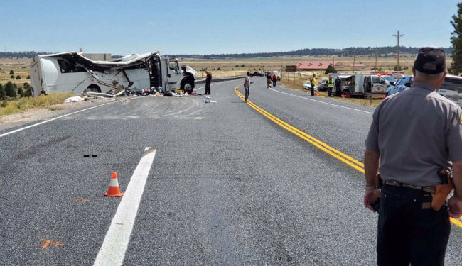 This image released on the Utah Highway Patrol tweeter feed shows a bus transporting Chinese tourists after it crashed on September 20, 2019, near Bryce Canyon National Park. [Photo: @UTHighwayPatrol / AFP]