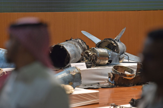 A picture taken on September 18, 2019 shows displayed fragments of what the Saudi defence ministry spokesman said were Iranian cruise missiles and drones recovered from the attack site that targeted Saudi Aramco's facilities, during a press conference in Riyadh. [File photo: AFP/Fayez Nureldine]