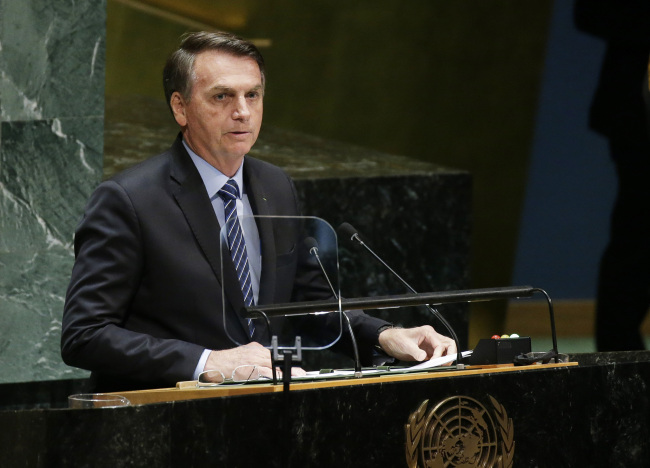 President of Federative Republic of Brazil Jair Messias speaks at the 74th General Debate at the United Nations General Assembly at United Nations Headquarters on Tuesday, September 24, 2019 in New York City. [Photo: John Angelillo/UPI Photo via Newscom via VCG]