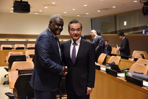 Chinese State Councilor and Foreign Minister Wang Yi meets with African Union (AU) Commission Chairperson Moussa Faki Mahamat on the sidelines of the 74th session of the United Nations (UN) General Assembly on Tuesday, September, 25. [Photo: fmprc.gov.cn]