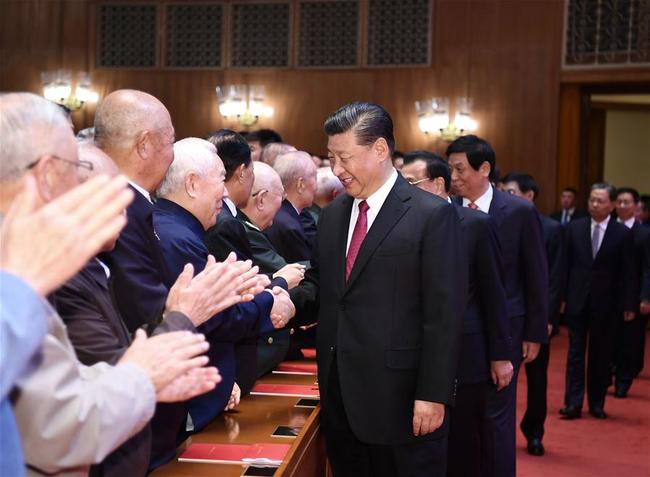 Xi Jinping, Li Keqiang, Li Zhanshu, Wang Yang, Wang Huning, Zhao Leji, Han Zheng and Wang Qishan join over 4,000 people to watch a high-profile art performance, named "Stride Forward, the Nation," at the Great Hall of the People in Beijing, on Sept. 29, 2019. [Photo: Xinhua/Xie Huanchi]