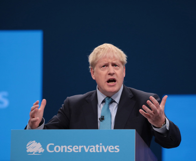 Britain's Prime Minister Boris Johnson delivers his keynote speech outlining his party policy on the last day of the Conservative Party Conference in Manchester on Wednesday, October 02, 2019. [Photo: IC]