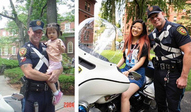 When Crystal Wang was 3 years old, she was photographed with Officer Charles Marren on the Harvard campus. When she moved in with the Class of 2023, the pair met again. [Photo: Harvard University official Instagram]