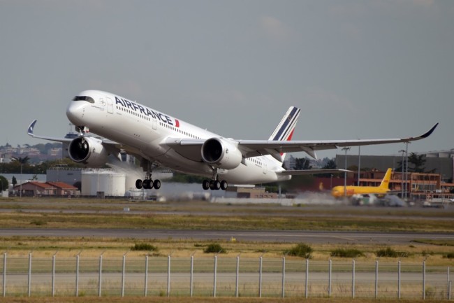 A new Airbus A-350 plane is pictured during its first flight at the Airbus delivery center in Colomiers, southwestern France, on September 27, 2019. [Photo: AFP]