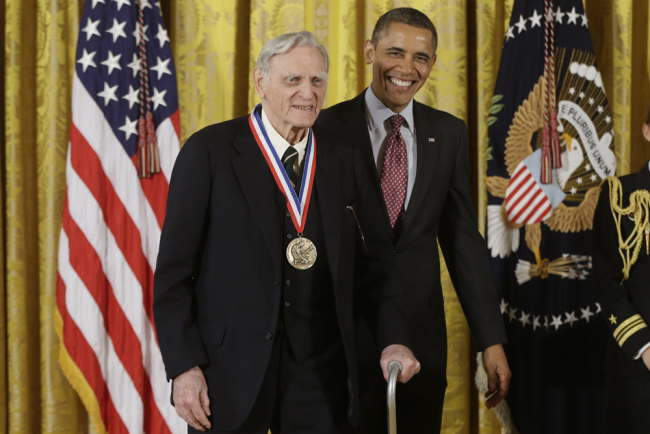 In this Friday, Feb. 1, 2013 file photo, U.S President Barack Obama awards the National Medal of Science to Dr. John Goodenough of the University of Texas, during a ceremony in the East Room of the White House in Washington. [File Photo: AP/Charles Dharapak]