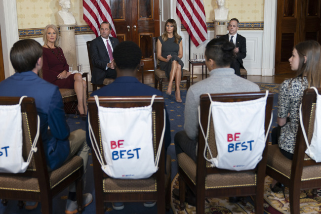 Melania Trump participates in a listening session with Senior Counselor Kellyanne Conway (L), United States Secretary of Health and Human Services (HHS) Alex Azar (2nd L) and Eric Asche Chief Marketing and Strategy Officer of the Truth Initiative at the White House with youths from the Truth Initiative, a nonprofit organization organized to eliminate tobacco use among youth in Washington DC, on October 9, 2019. [Photo: IC]