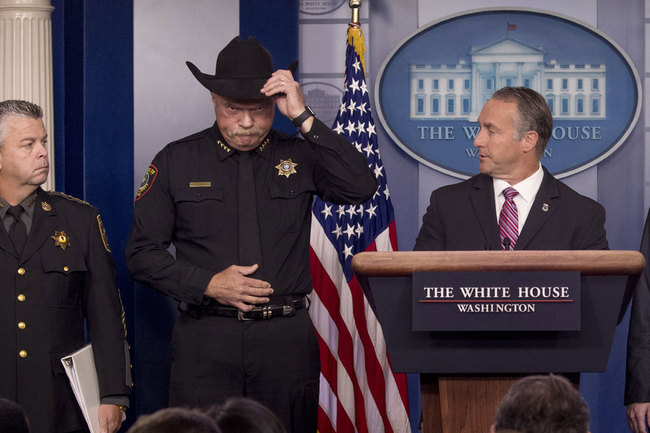 Immigration and Customs Enforcement Director Matt Albence, right, accompanied by sheriffs from around the country including Tarrant County, Texas Sheriff Bill Waybourn, center, speaks in the Briefing Room at the White House in Washington, Thursday, Oct. 10, 2019. [Photo: AP]