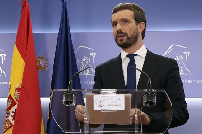 Leader of Spanish People's Party (PP) Pablo Casado arrives to announce a statement at the Lower House in Madrid, Spain, on the sentence announced, on the so-called 'process' trial, October 14, 2019. Former Catalan Vice President Oriol Junqueras has been condemned to 13 years imprisonment while former Catalan Speaker Carmen Forcadell, civic leaders Jordi Cuixart and Jordi Sanchez as well as five other former regional ministers have been sentenced to 12 years in prison for charges of sedition and embezzlement. On the other hand, the three accused that were not in preventive prison have been cleared from embezzlement charges and will not be going to prison. [Photo: IC]