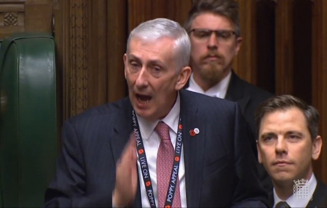 A still image taken from footage broadcast by the UK Parliamentary Recording Unit (PRU) on November 4, 2019 shows Lindsay Hoyle (L)speaking in the House of Commons in London, after being elected as the new Speaker of the House of Commons. British MPs will on November 4 select the new speaker of the House of Commons, once an unremarkable event but one now charged with significance following the previous occupant's role in Brexit. [Photo: AFP]