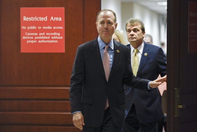 House Intelligence Committee Chairman Adam Schiff, D-Calif., followed by Rep. Mike Quigley, D-Ill., walks out to talk to reporters on Capitol Hill in Washington, Wednesday, Nov. 6, 2019, about the House impeachment inquiry. [Photo: AP/Susan Walsh]