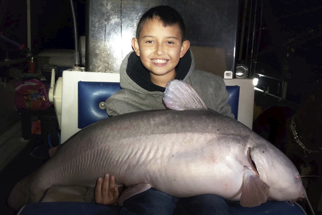 In this photo taken Nov. 10, 2019, Alex Flores, 9, holds a 42-pound (19-kilogram) blue catfish he caught while fishing in the New Mexico's Elephant Butte Reservoir. [Photo: AP/Kris Flores]