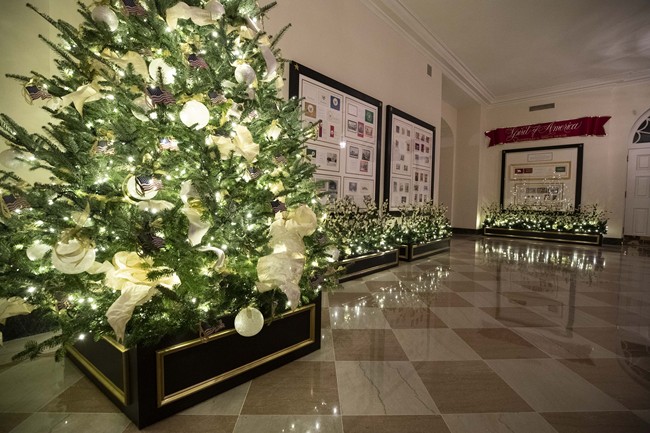 The First Family's annual ornament, the American flag, decorates a tree during the 2019 Christmas preview at the White House, Monday, Dec. 2, 2019, in Washington. [Photo: AP/Alex Brandon]