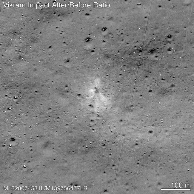 This handout image released by NASA, and taken by the Lunar Reconnaissance Orbiter Camera team shows the Vikram Lander impact point. A NASA satellite orbiting the Moon has found India's Vikram lander which crashed on the lunar surface in September, the US space agency said Monday.<br>NASA released an image taken by its Lunar Reconnaissance Orbiter (LRO) that showed the site of the impact (September 6 in India and September 7 in the US), and associated debris field of the spacecraft, with parts scattered over almost two dozen locations spanning several kilometers.[Photo: Handout/NASA/AFP]