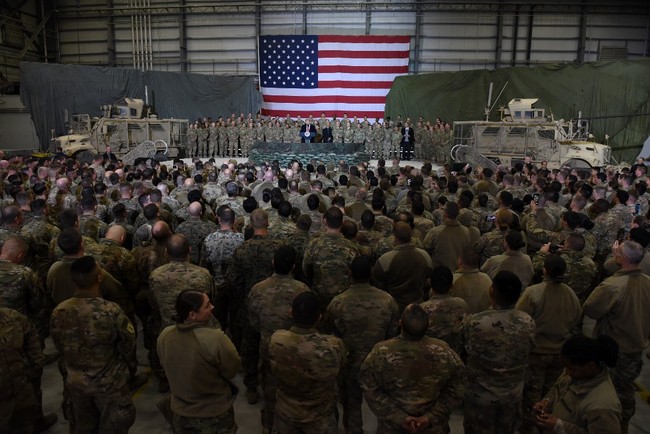 U.S. President Donald Trump speaks to the troops during a surprise Thanksgiving day visit at Bagram Air Field in Afghanistan on November 28, 2019. [File photo: AFP]