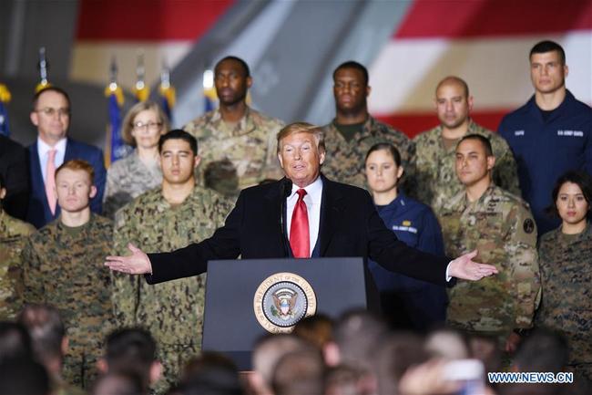 U.S. President Donald Trump speaks at a signing ceremony for the National Defense Authorization Act for Fiscal Year 2020 at Joint Base Andrews, Maryland Dec. 20, 2019. [Photo: Xinhua/Liu Jie]