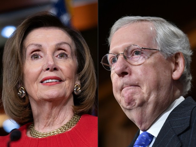 This combination of pictures created on December 23, 2019 shows Speaker of the House Nancy Pelosi at a press conference on Capitol Hill in Washington, DC, December 19, 2019 and US Senate Majority Leader Mitch McConnell (R-KY) at a media availability on November 7,2018 on Capitol Hill in Washington, DC. US House Speaker Nancy Pelosi and Senate Majority Leader Mitch McConnell spar over the ground rules for President Donald Trump's trial in the Senate on charges of abuse of power and obstruction of Congress. [Photo: AFP]