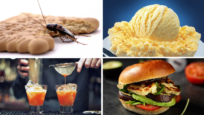 A combination photo shows a cockroach eating biscuits, vanilla ice-cream, a man making a cocktail, and a vegetarian burger. [File Photo: VCG/China Plus]