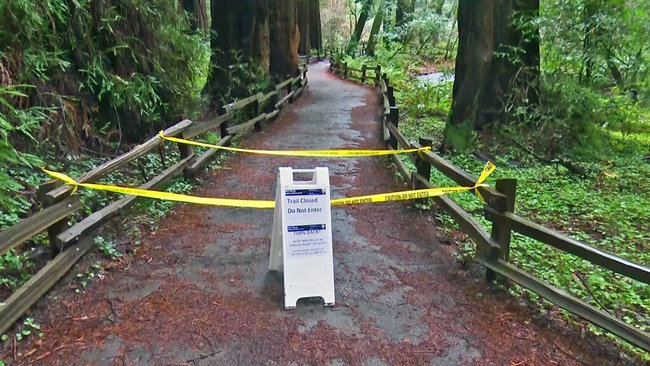 In this photo provided by CBS San Francisco shows a sign showing a trail closed sign at the entrance to the Muir Woods National Monument in Marin County, Calif. [Photo: AP]