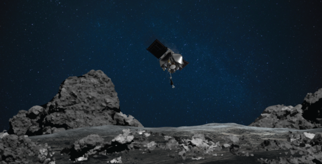 Fotografie poskytnutá NASA 20. října 2020 ukazuje misi OSIRIS-REx (Origins, Spectral Interpretation, Resource Identification, Security-Regolith Explorer) připravující se dotknout povrchu asteroidu Bennu. (Xinhua)