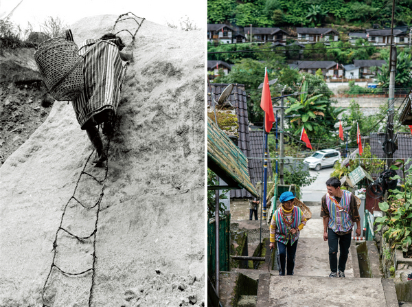 Před založením Čínské lidové republiky v roce 1949, museli vesničané Derung (Te-žung) vylézt na nebezpečný útes, aby opustili svou vesnici. Mladý muž Li Yongming (Li Jong-ming) a jeho babička používají na cestě za sekáním trávy v horách mnohem bezpečnější cestu. Fotografie: Hu Chao (Chu Čchao) tisková agentura Nová Čína / Xinhua