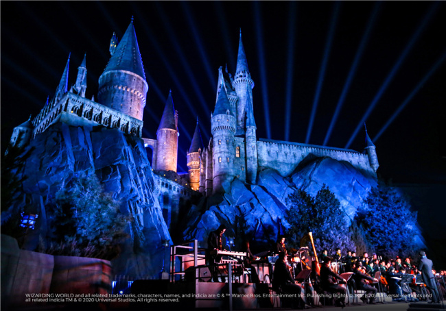 Na snímku je noční pohled na Hrad Hogwarts z kouzelnického světa Harryho Pottera v tematickém parku Universal Beijing Resort v roce 2021. [Fotografii poskytl deník China Daily]