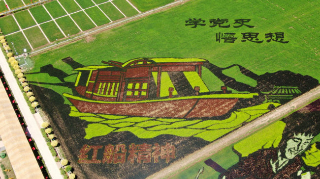 Letecký pohled na rýžová pole v okrese Helan (Che-lan) v Huiské (Chuejské) autonomní oblasti Ningxia (Ning-sia). [Foto: Hai Kun (Chaj Kchun)/ chinadaily.com.cn]