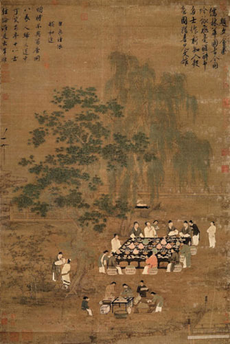 Una obra pintada por el emperador Huizong de la dinastía Song, que muestra la escena de un banquete de aquel entonces. 