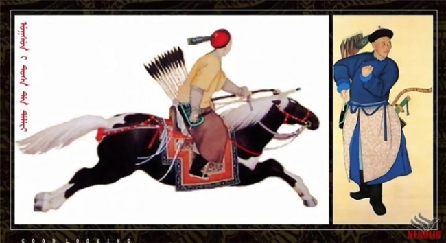 Nobles de la dinastía Qing practica tiro a caballo