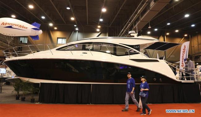 Un yacht "Sundancer" présenté dans le cadre de la 63e édition du salon nautique annuel de Houston, aux Etats-Unis, le 8 janvier 2017.(Photo: Yi-Chin Lee)